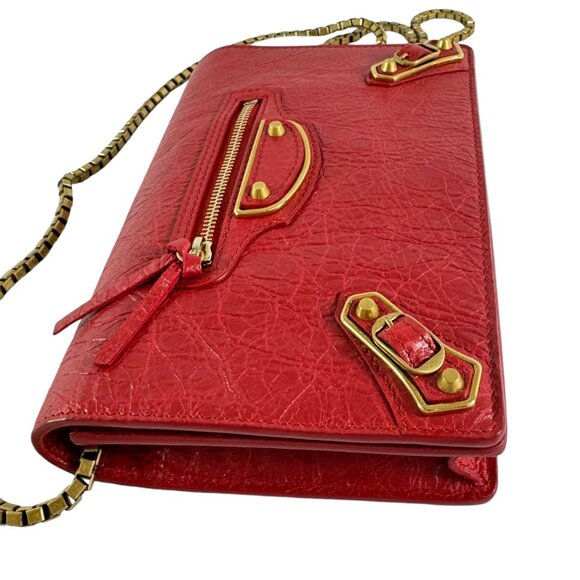 BALENCIAGA Red Leather Agneau Metallic Edge Clutch Crossbody Wallet on Chain - Picture 6 of 15